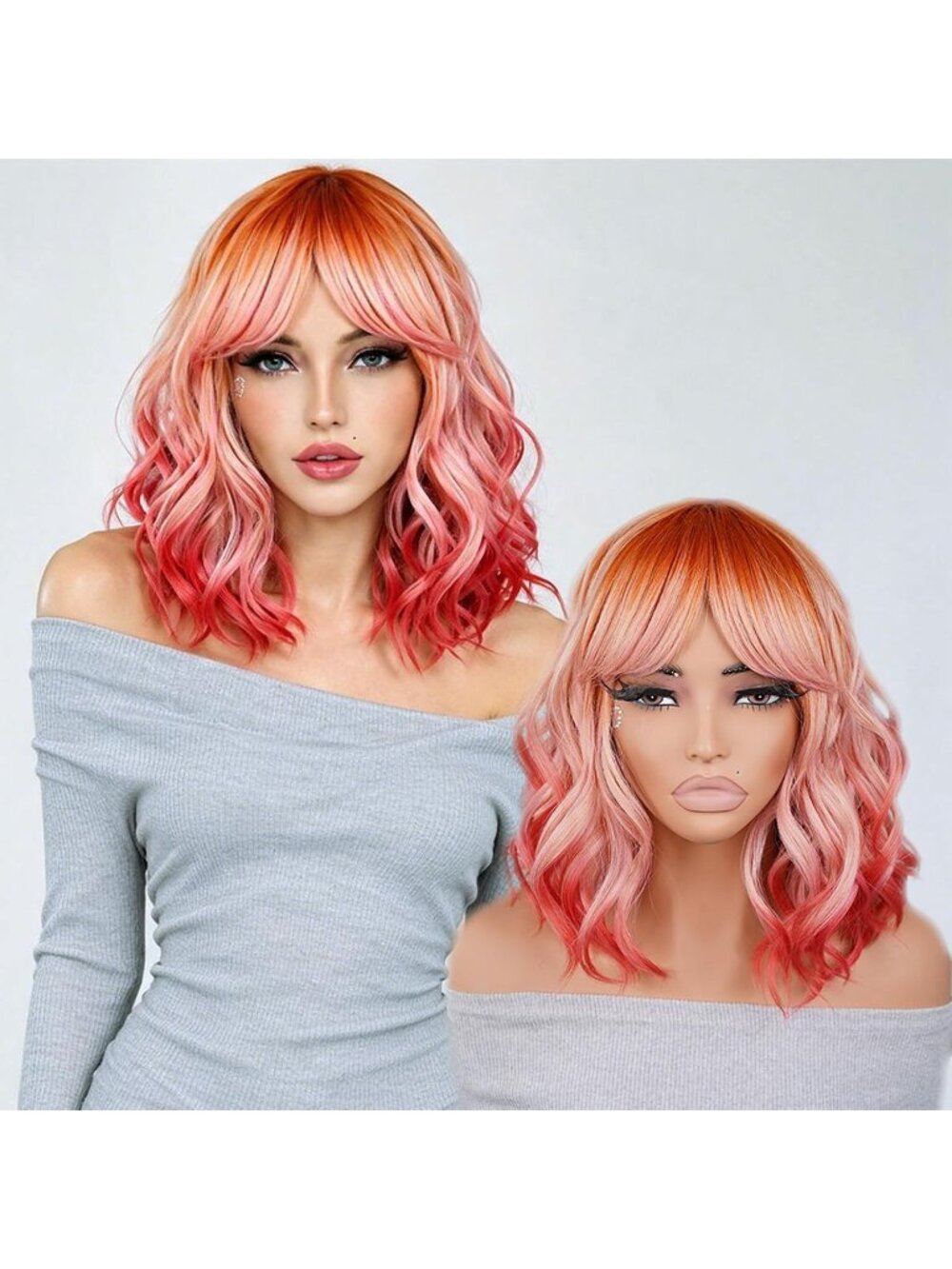 Women's REGD Shoulder Ombre Bob Party Wig with Bangs Short Curly Synthetic